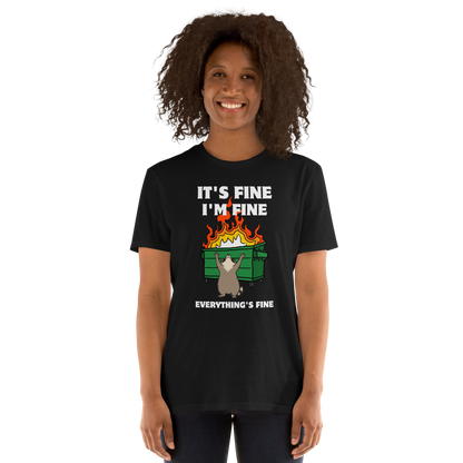 Woman wearing a Funny Dumpster Fire Raccoon graphic t-shirt in black by Boozy Fox