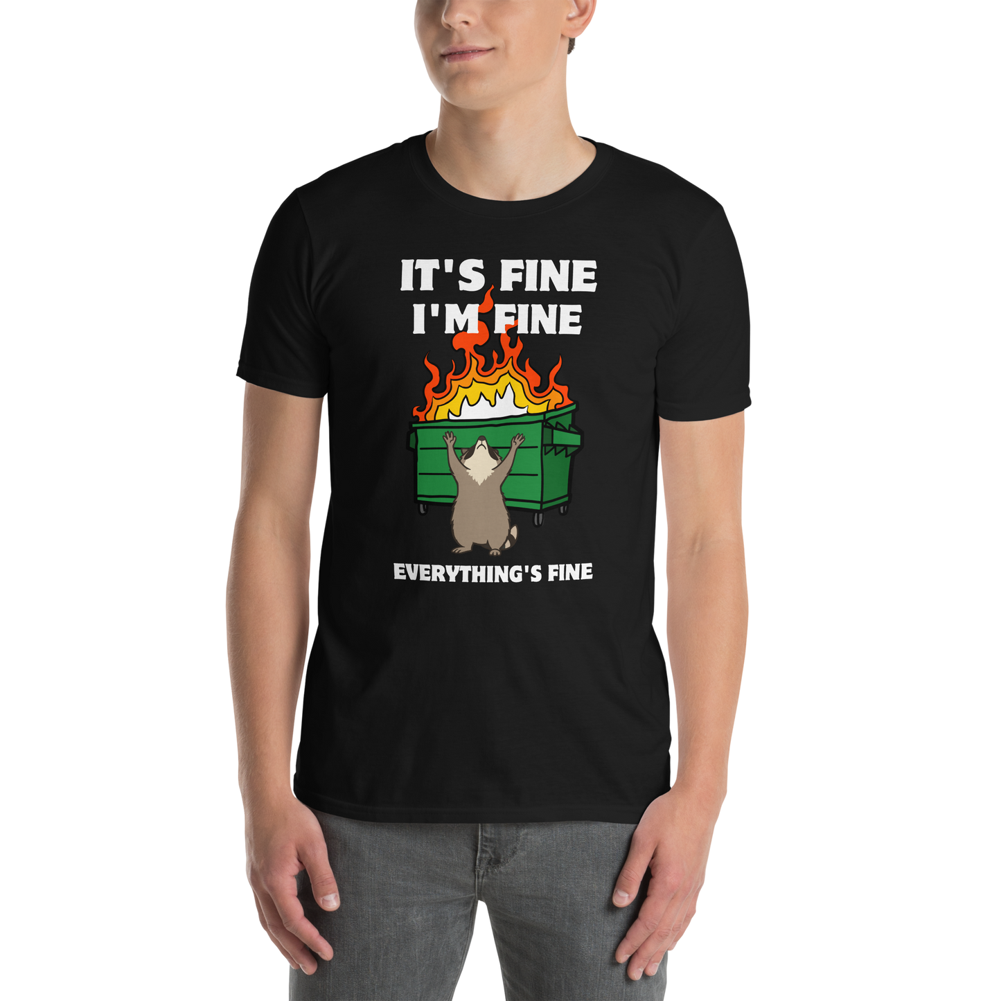 Man wearing a Funny Dumpster Fire Raccoon graphic t-shirt in black by Boozy Fox