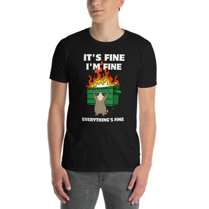 Man wearing a Funny Dumpster Fire Raccoon graphic t-shirt in black by Boozy Fox