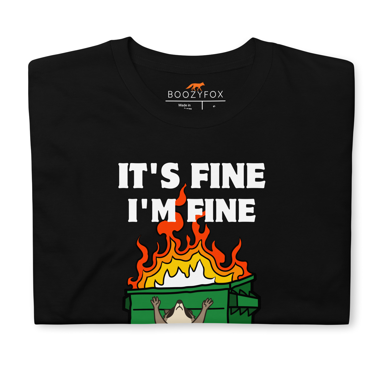Front details of a Funny Dumpster Fire Raccoon graphic t-shirt in black by Boozy Fox