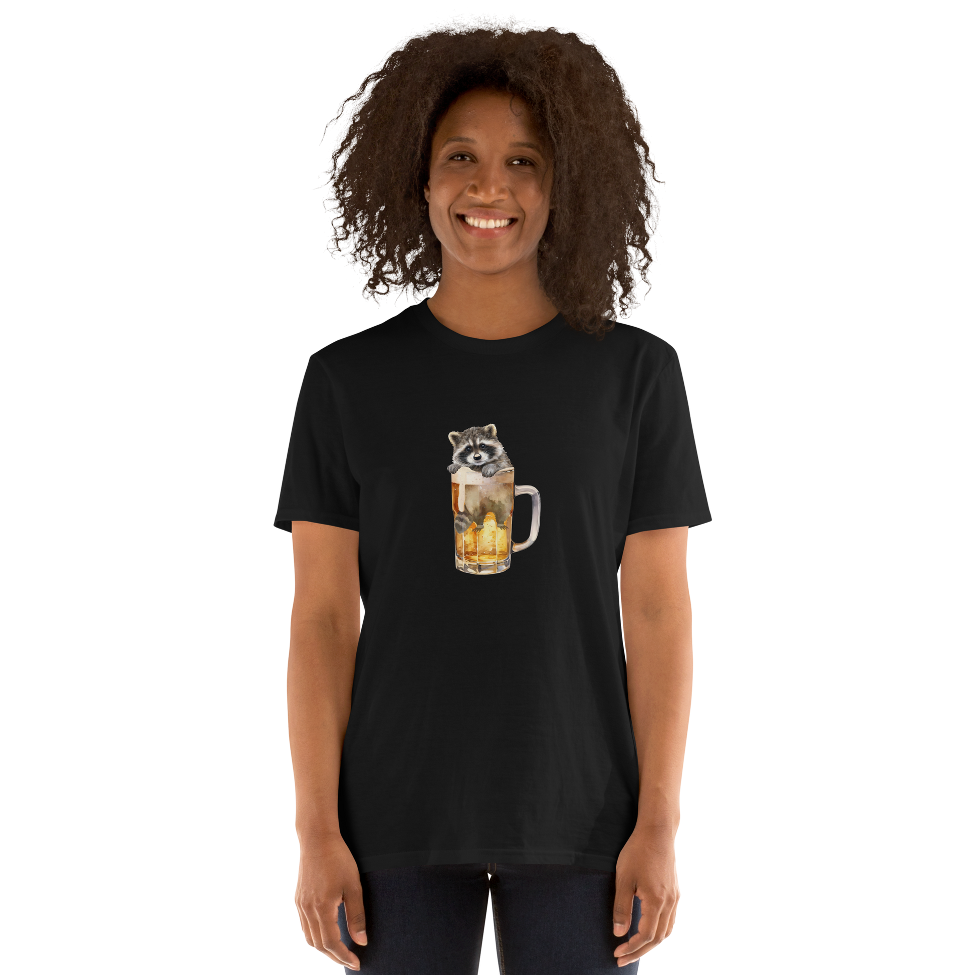 Woman wearing a Funny Raccoon in Beer Glass beer lover graphic t-shirt in black by Boozy Fox