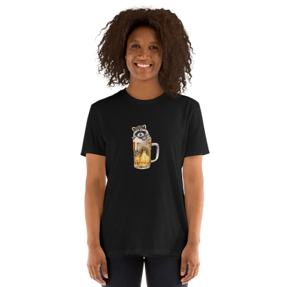 Woman wearing a Funny Raccoon in Beer Glass beer lover graphic t-shirt in black by Boozy Fox