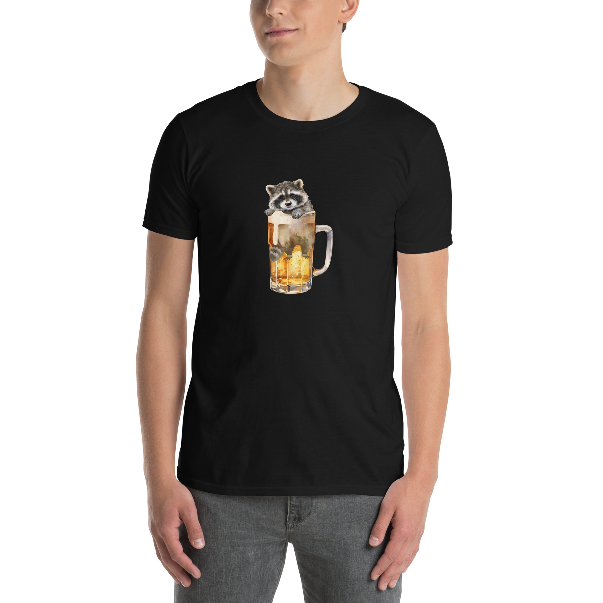 Man wearing a Funny Raccoon in Beer Glass beer lover graphic t-shirt in black by Boozy Fox