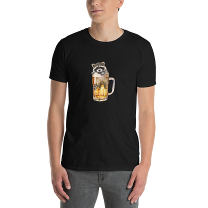 Man wearing a Funny Raccoon in Beer Glass beer lover graphic t-shirt in black by Boozy Fox