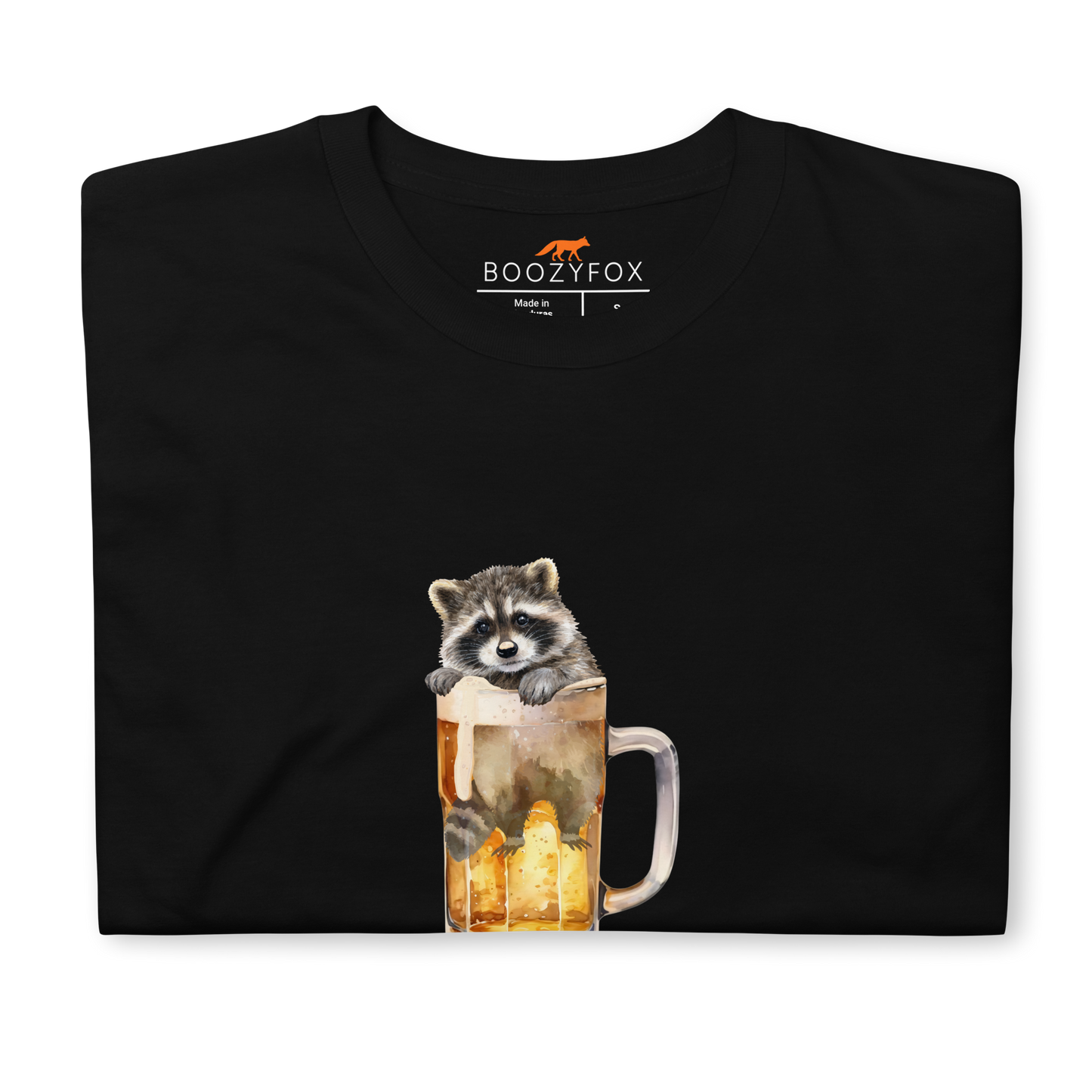 Front details of a Funny Raccoon in Beer Glass beer lover graphic t-shirt in black by Boozy Fox