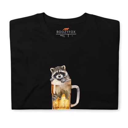Front details of a Funny Raccoon in Beer Glass beer lover graphic t-shirt in black by Boozy Fox