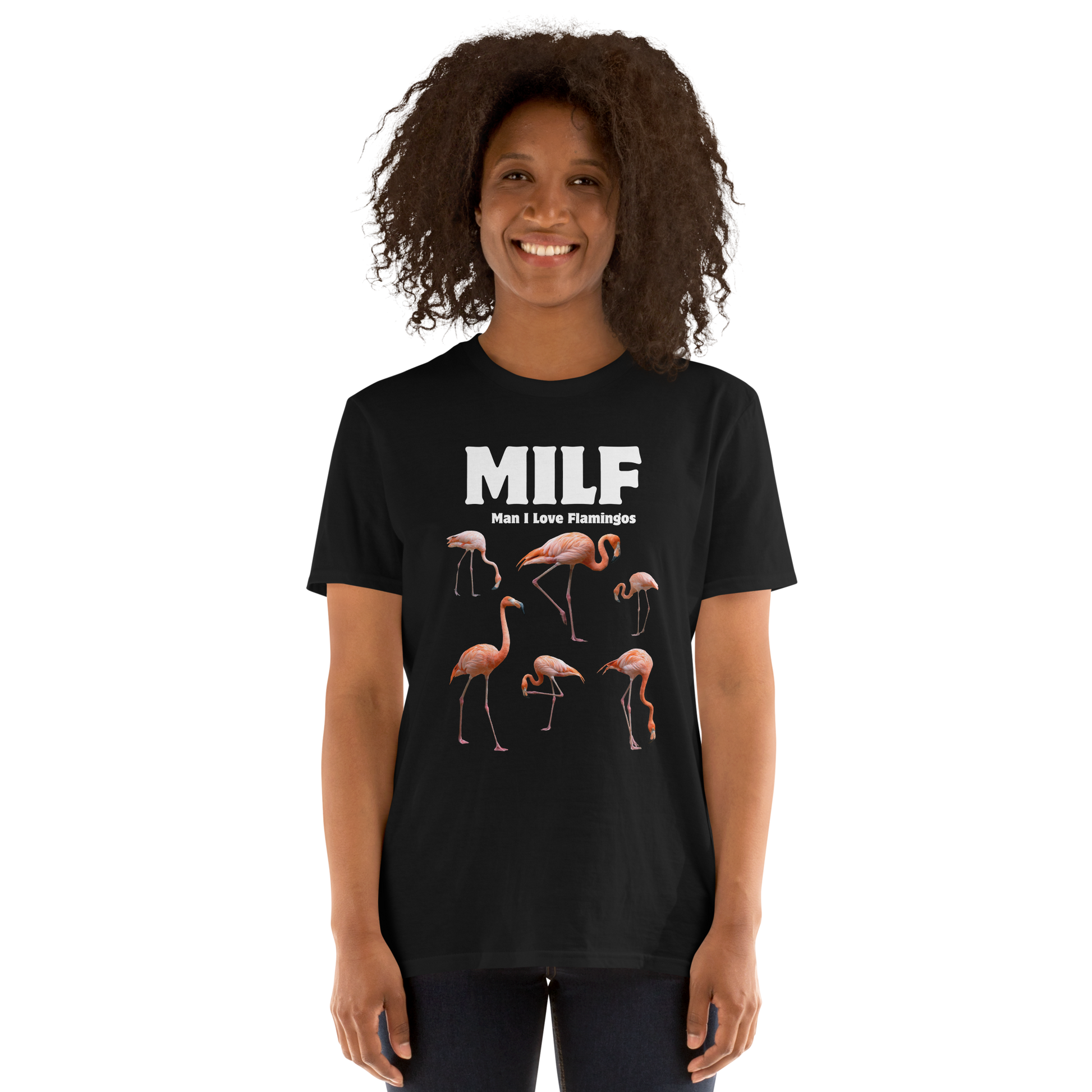 Woman wearing a Funny Man I Love Flamingos graphic t-shirt in black by Boozy Fox
