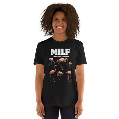 Woman wearing a Funny Man I Love Flamingos graphic t-shirt in black by Boozy Fox
