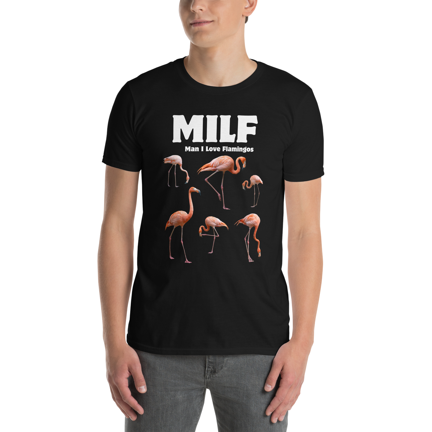 Man wearing a Funny Man I Love Flamingos graphic t-shirt in black by Boozy Fox