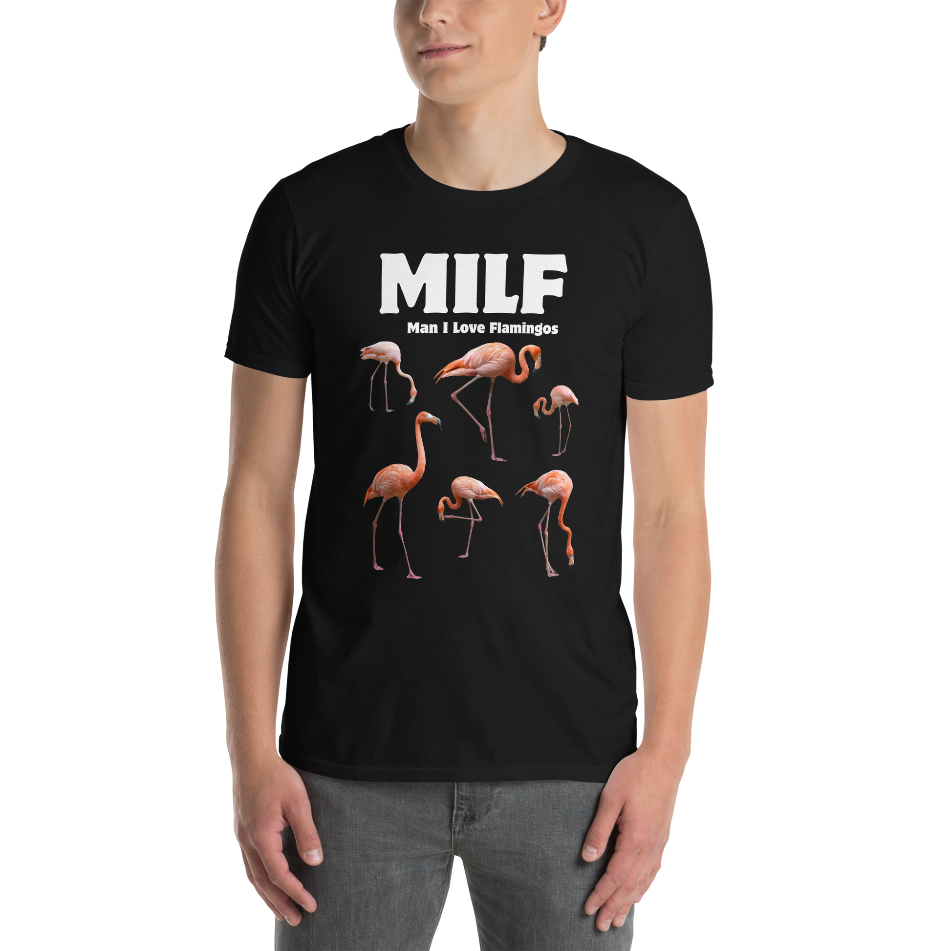 Man wearing a Funny Man I Love Flamingos graphic t-shirt in black by Boozy Fox