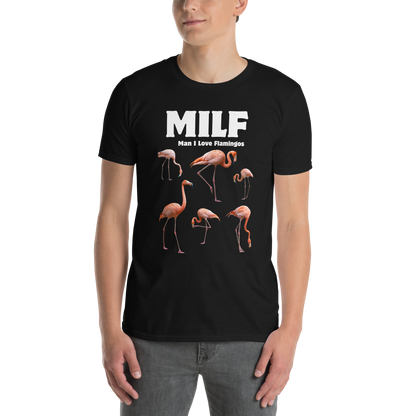 Man wearing a Funny Man I Love Flamingos graphic t-shirt in black by Boozy Fox