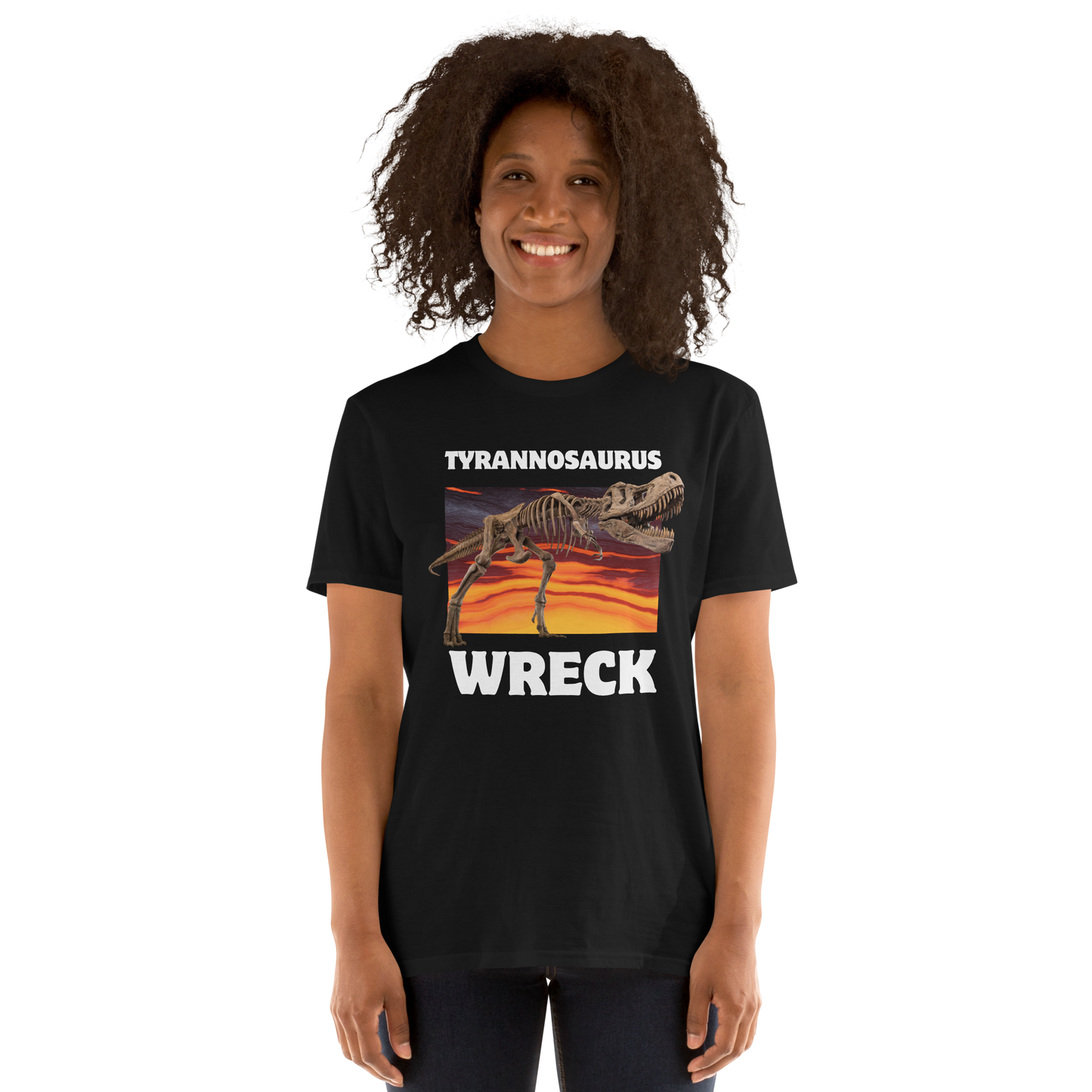 Woman wearing a Funny Tyrannosaurus Wreck T-Rex Dinosaur graphic t-shirt in black by Boozy Fox