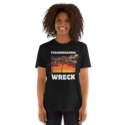 Woman wearing a Funny Tyrannosaurus Wreck T-Rex Dinosaur graphic t-shirt in black by Boozy Fox