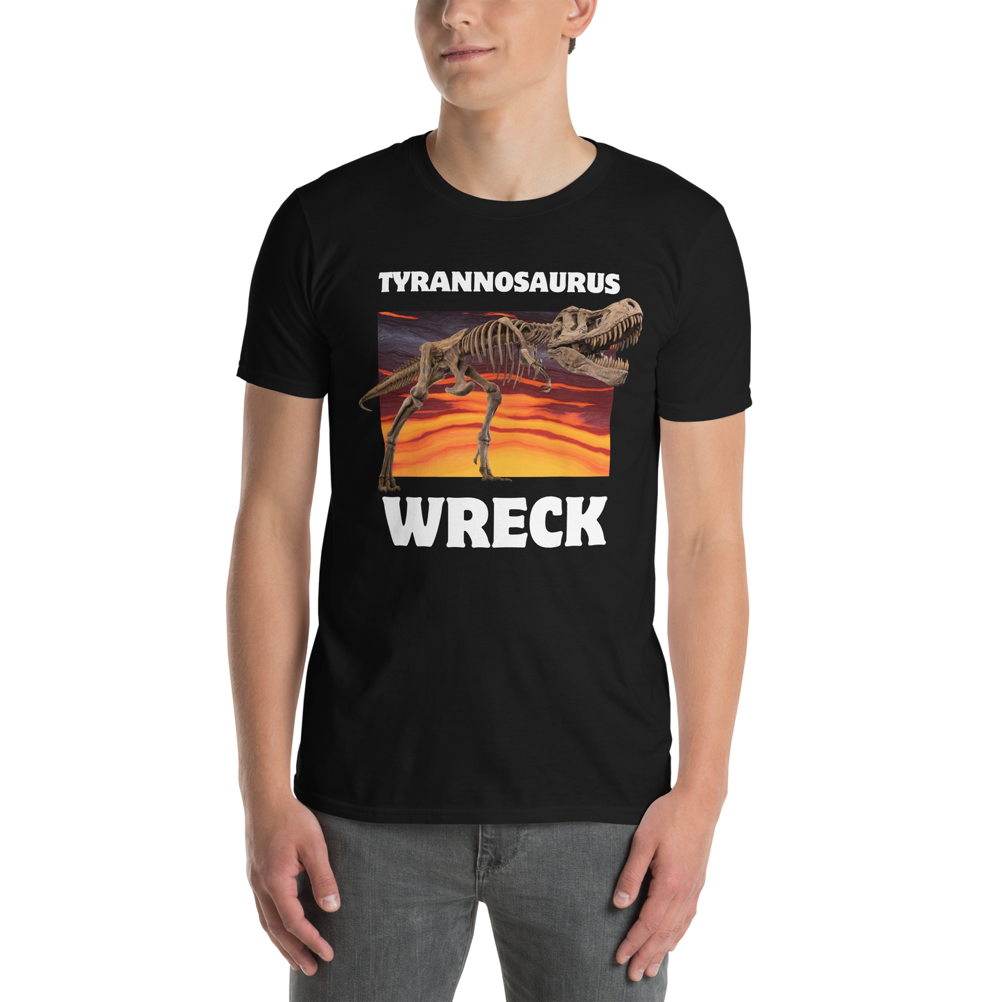 Man wearing a Funny Tyrannosaurus Wreck T-Rex Dinosaur graphic t-shirt in black by Boozy Fox