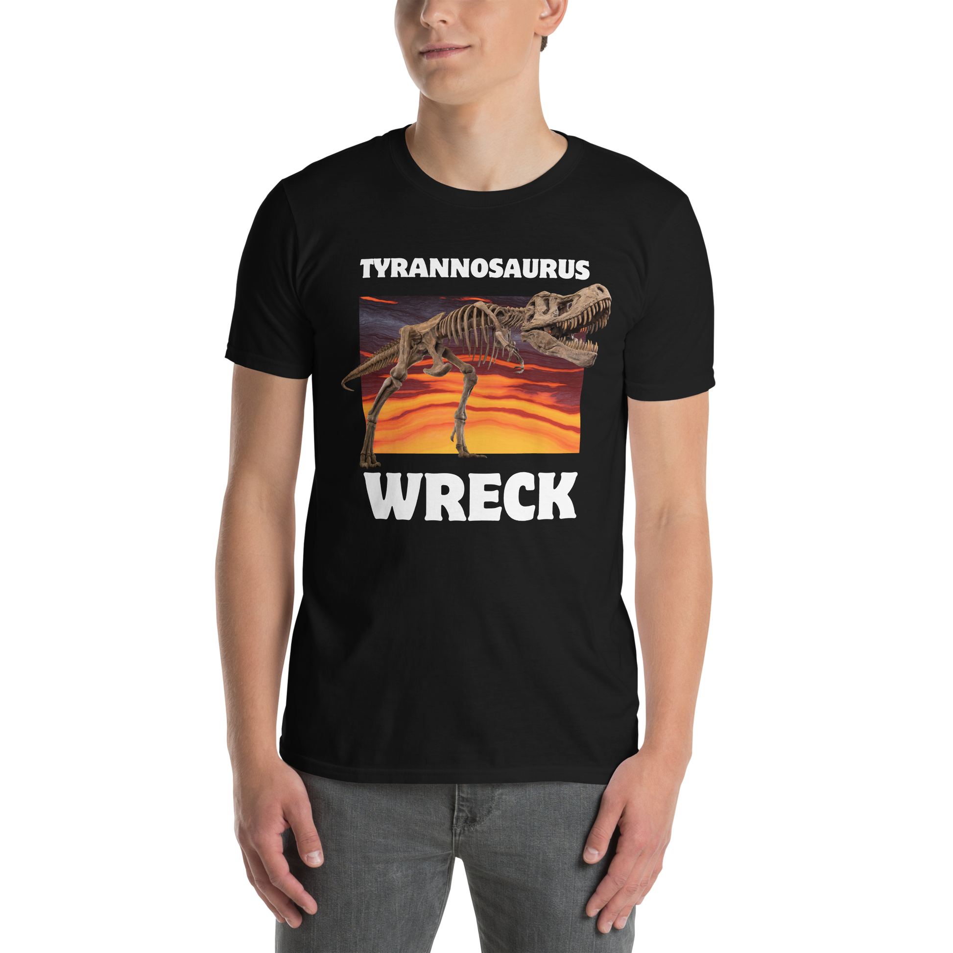 Man wearing a Funny Tyrannosaurus Wreck T-Rex Dinosaur graphic t-shirt in black by Boozy Fox