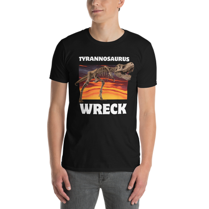 Man wearing a Funny Tyrannosaurus Wreck T-Rex Dinosaur graphic t-shirt in black by Boozy Fox
