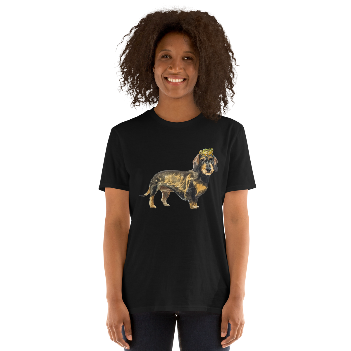 Woman wearing a Funny dachshund t-shirt in black with dachshund graphic by Boozy Fox