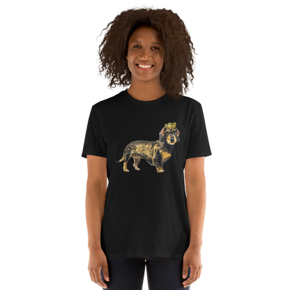 Woman wearing a Funny dachshund t-shirt in black with dachshund graphic by Boozy Fox