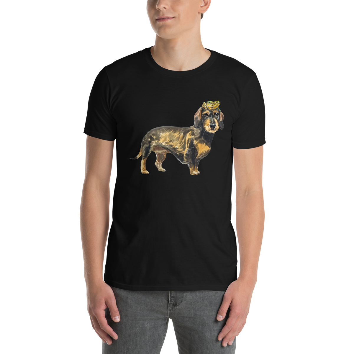Man wearing a Funny dachshund t-shirt in black with dachshund graphic by Boozy Fox