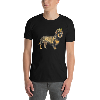 Man wearing a Funny dachshund t-shirt in black with dachshund graphic by Boozy Fox