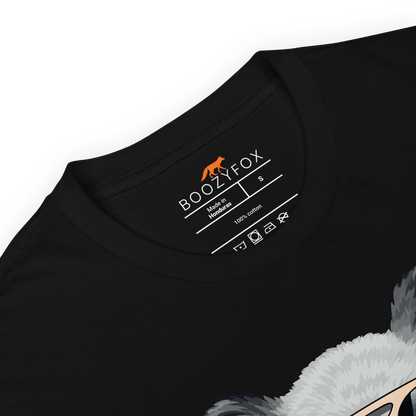 Product details of a Black Koala T-Shirt featuring an adorable Koalafied To Party graphic on the chest - Funny Graphic Koala T-Shirts - Boozy Fox