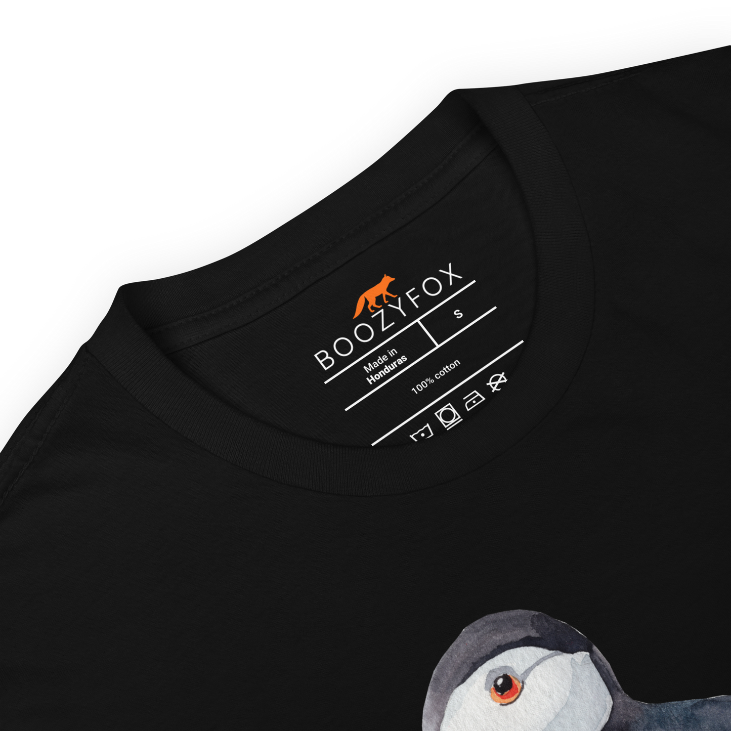 Product details of a Black Puffin T-Shirt featuring a comic Puuffin' graphic on the chest - Funny Graphic Puffin T-Shirts - Boozy Fox