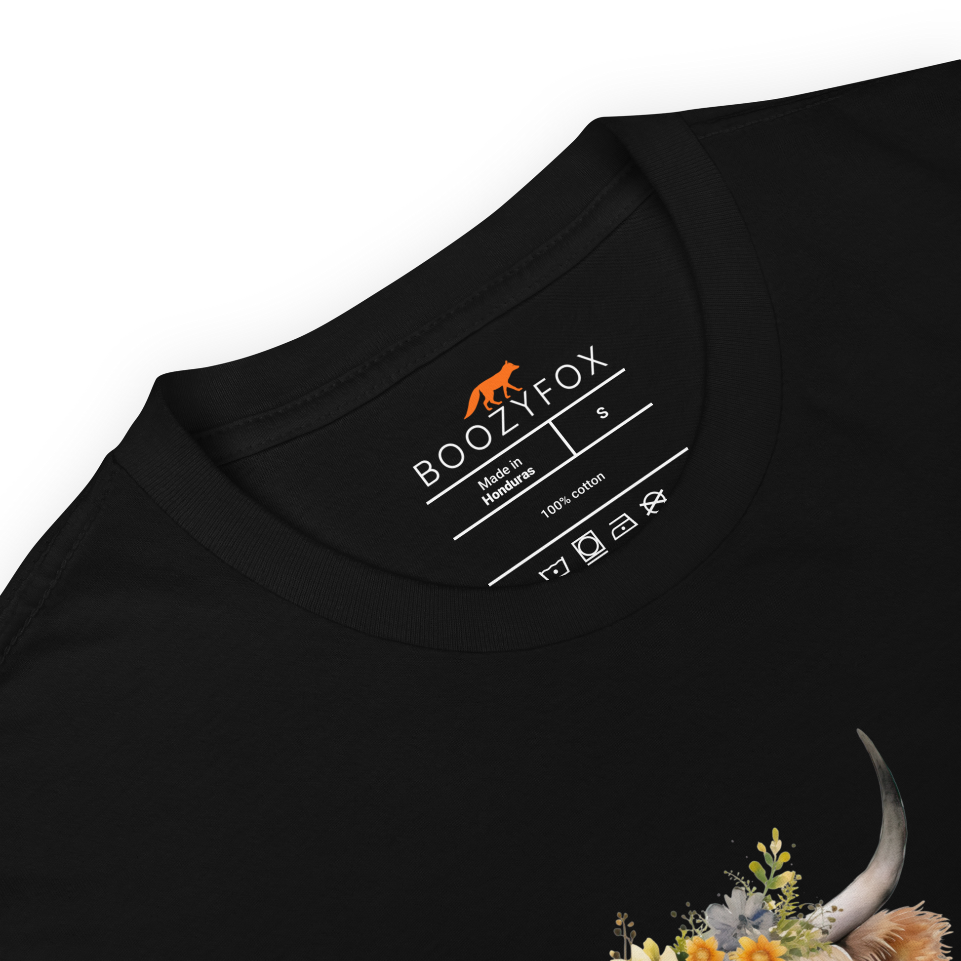 Product details of a Black Highland Cow T-Shirt featuring an adorable Highland Girl graphic on the chest - Cute Graphic Highland Cow T-Shirts - Boozy Fox