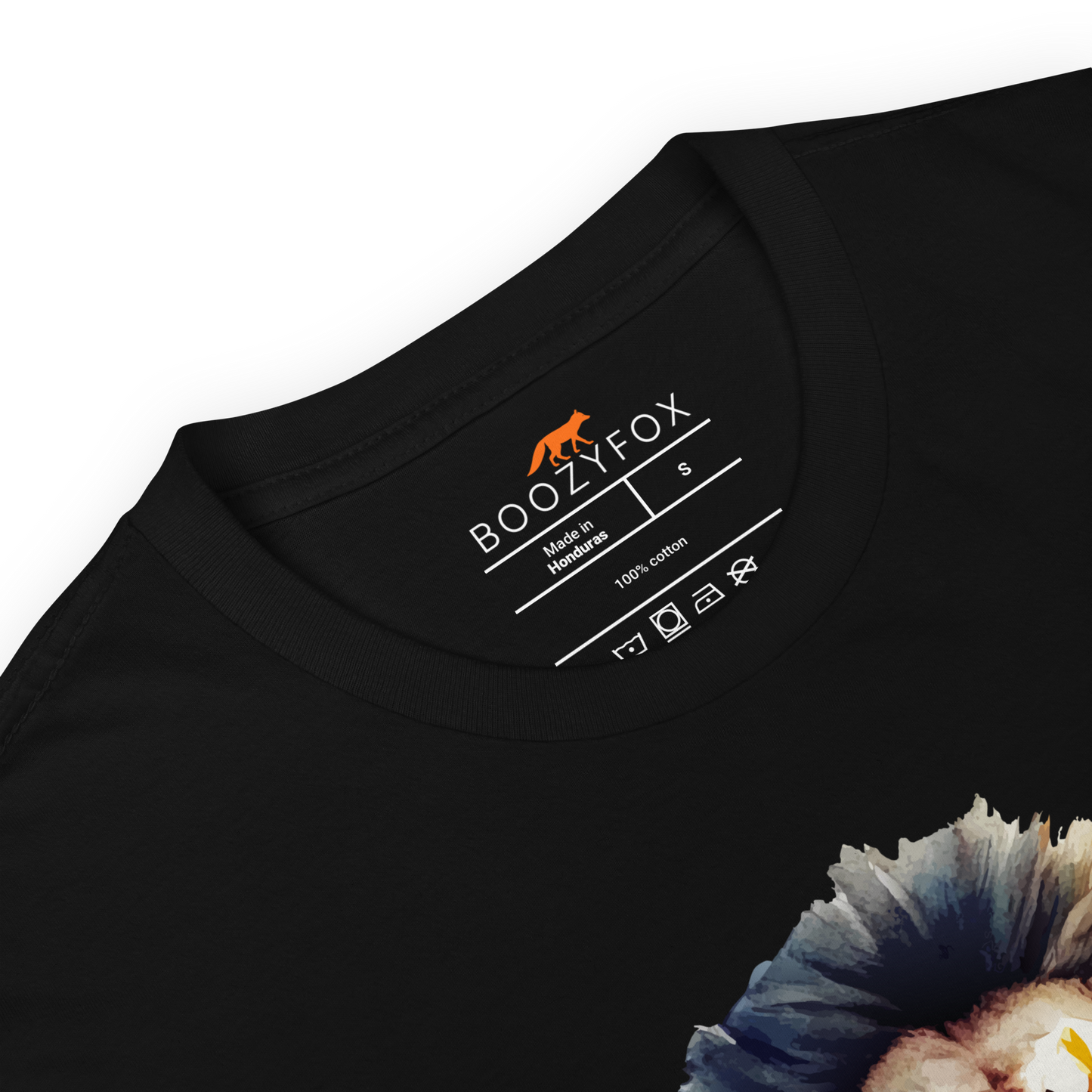 Product details of a Black Lion T-Shirt featuring a Roar-Some graphic on the chest - Cool Graphic Lion T-Shirts - Boozy Fox
