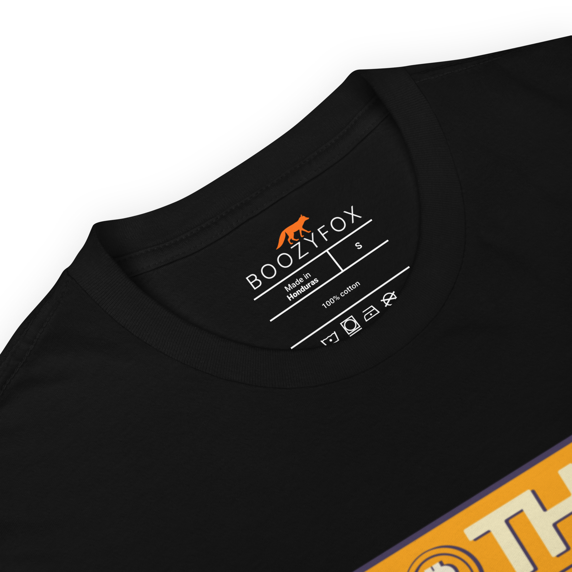Product details of a Black Bitcoin T-Shirt featuring a funny To The Moon graphic on the chest - Cool Graphic Bitcoin T-Shirts - Boozy Fox