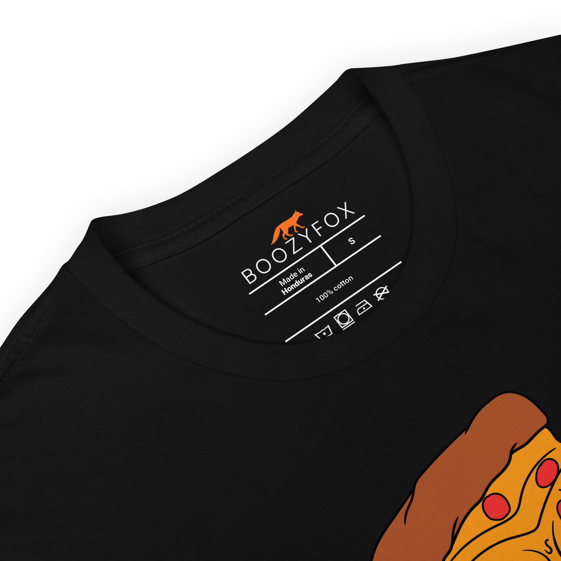 Product details of a Black Melting Pizza T-Shirt featuring the hilarious Meltdown Madness graphic on the chest - Funny Graphic Pizza T-Shirts - Boozy Fox