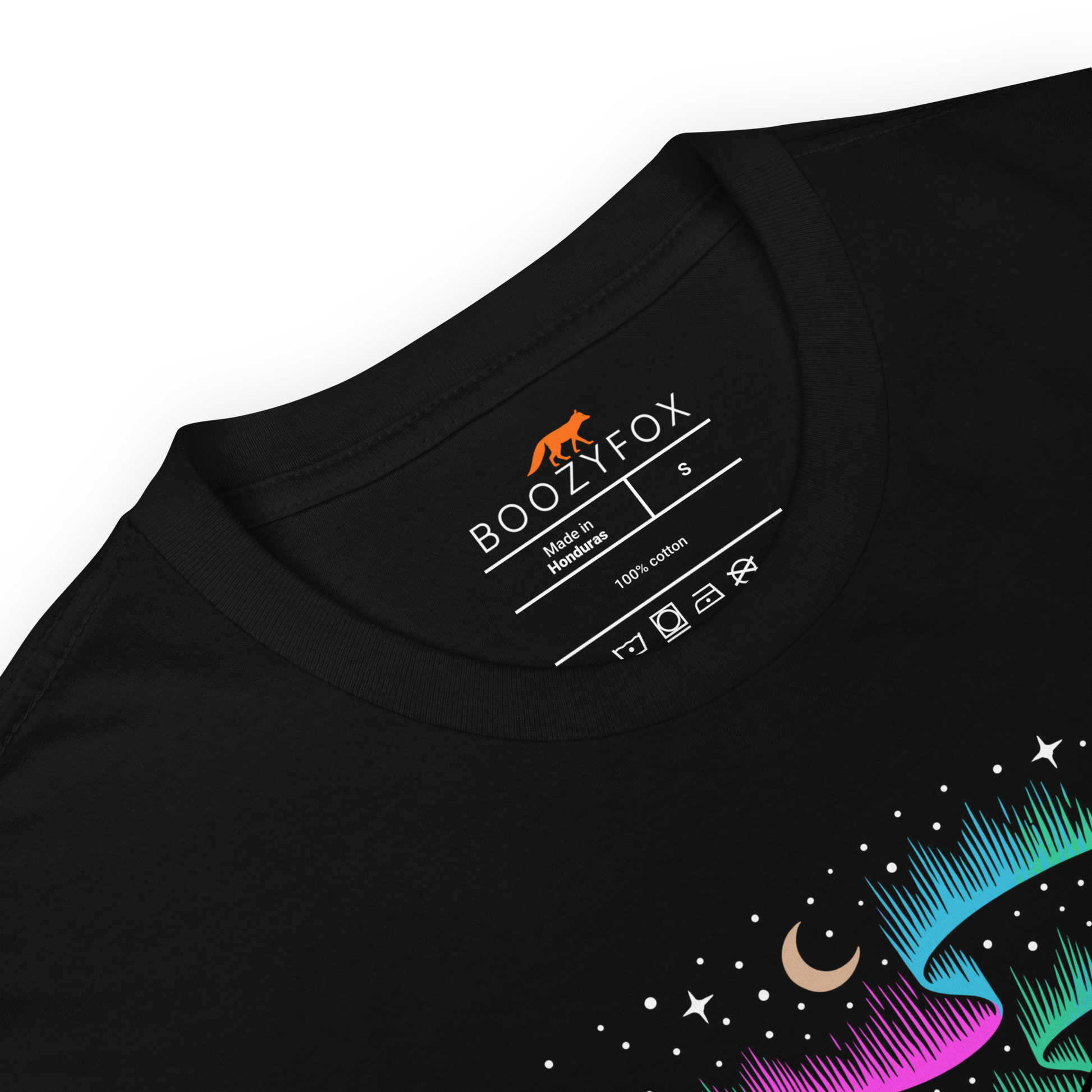 Product details of a Black Let's Get Lost T-Shirt featuring a mesmerizing night sky, adorned with stars and aurora borealis graphic on the chest - Cool Graphic Northern Lights T-Shirts - Boozy Fox