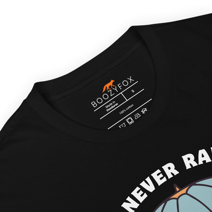 Product details of a Black Umbrella T-Shirt featuring a unique It Never Rains But It Pours graphic on the chest - Cool Tattoo-Inspired Graphic Umbrella T-Shirts - Boozy Fox