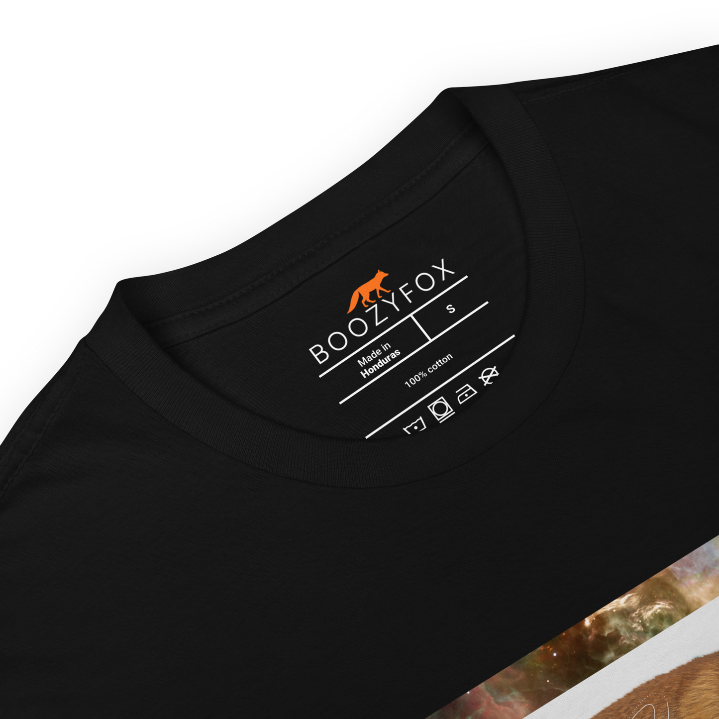Product details of a Black Fox T-Shirt featuring a captivating Space Fox graphic on the chest - Cool Graphic Fox T-Shirts - Boozy Fox
