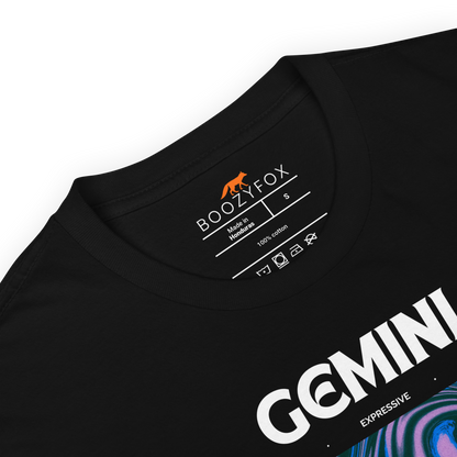 Product details of a Black Gemini T-Shirt featuring an Abstract Gemini Star Sign graphic on the chest - Cool Graphic Zodiac T-Shirts - Boozy Fox