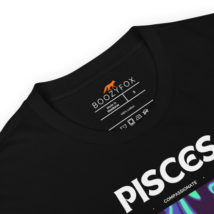 Product details of a Black Pisces T-Shirt featuring an Abstract Pisces Star Sign graphic on the chest - Cool Graphic Zodiac T-Shirts - Boozy Fox