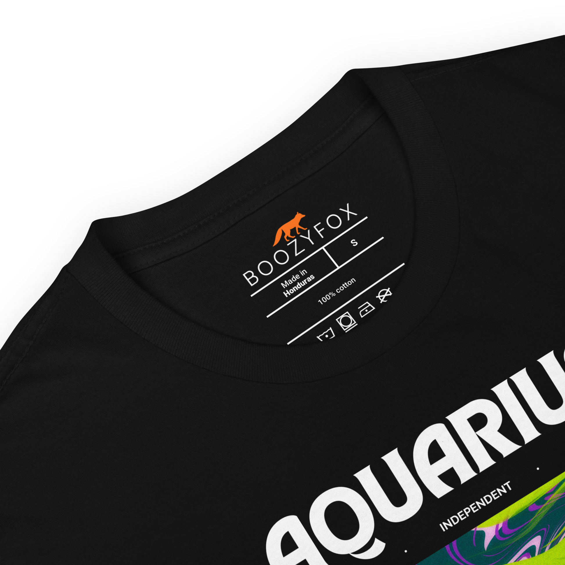 Product details of a Black Aquarius T-Shirt featuring an Abstract Aquarius Star Sign graphic on the chest - Cool Graphic Zodiac T-Shirts - Boozy Fox