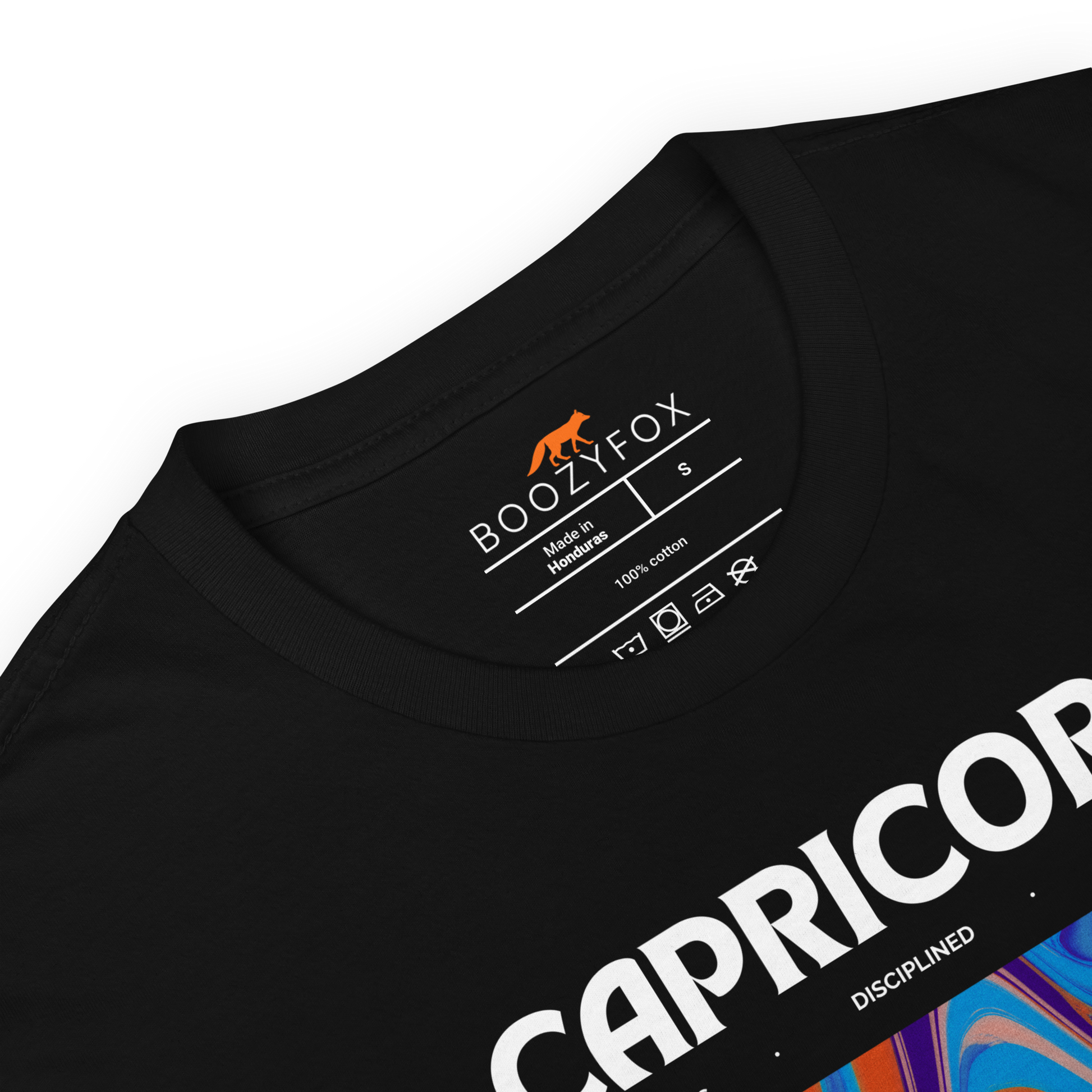 Product details of a Black Capricorn T-Shirt featuring an Abstract Capricorn Star Sign graphic on the chest - Cool Graphic Zodiac T-Shirts - Boozy Fox