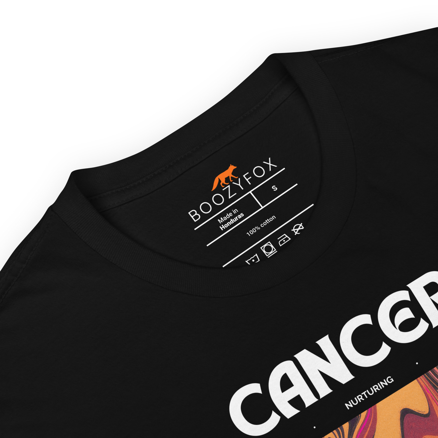 Product details of a Black Cancer T-Shirt featuring an Abstract Cancer Star Sign graphic on the chest - Cool Graphic Zodiac T-Shirts - Boozy Fox