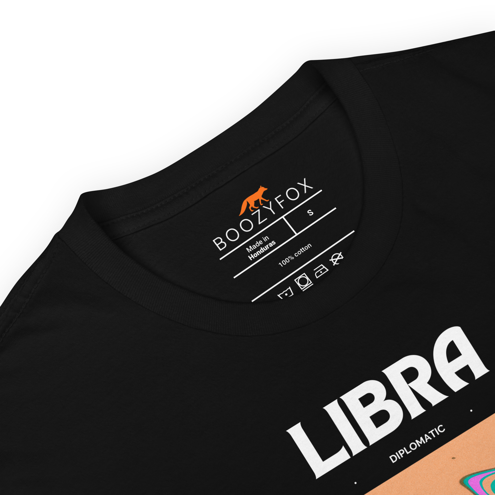 Product details of a Black Libra T-Shirt featuring an Abstract Libra Star Sign graphic on the chest - Cool Graphic Zodiac T-Shirts - Boozy Fox