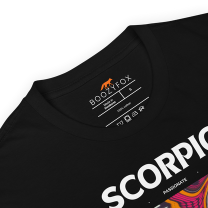 Product details of a Black Scorpio T-Shirt featuring an Abstract Scorpio Star Sign graphic on the chest - Cool Graphic Zodiac T-Shirts - Boozy Fox
