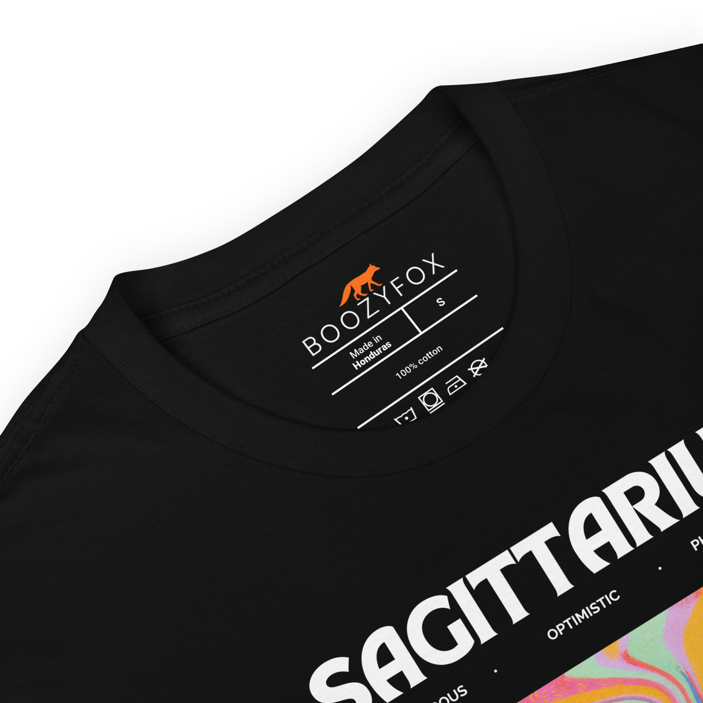 Product details of a Black Sagittarius T-Shirt featuring an Abstract Sagittarius Star Sign graphic on the chest - Cool Graphic Zodiac T-Shirts - Boozy Fox