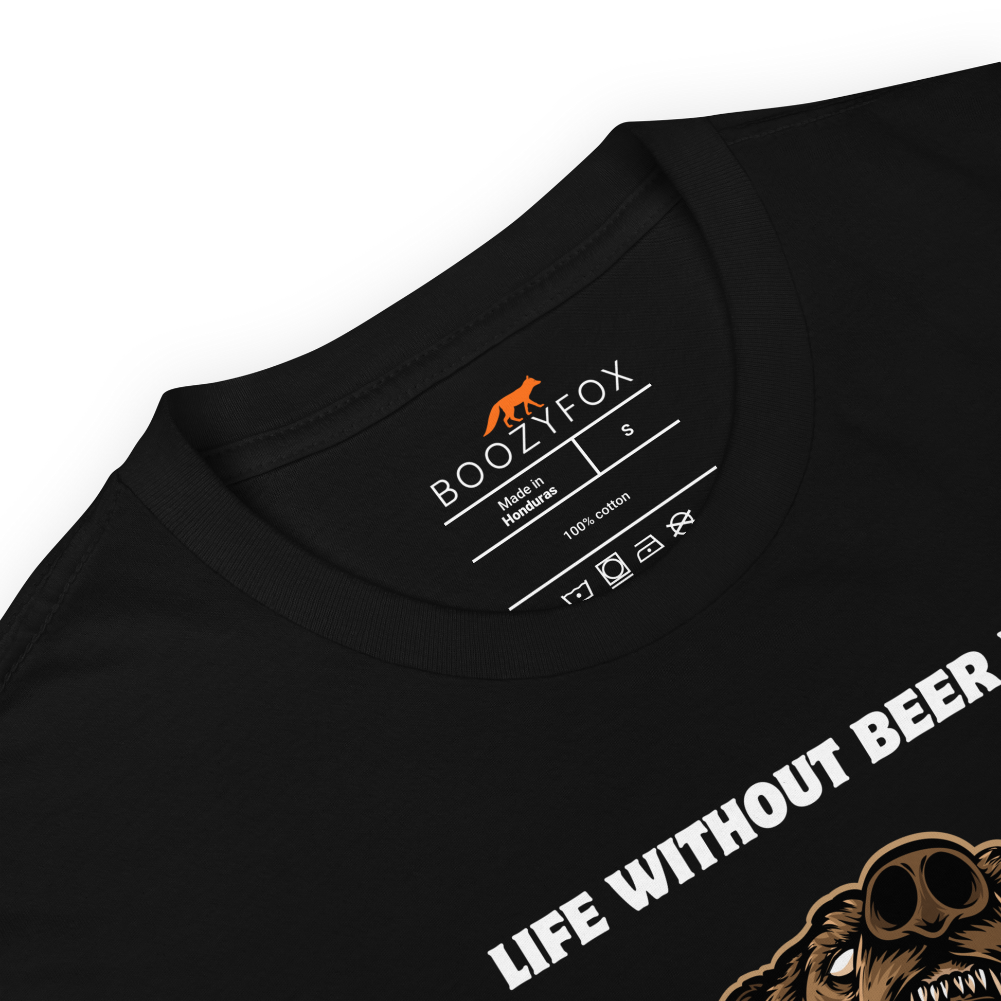 Product details of a Black Bear T-Shirt featuring a Life Without Beer Is Unbeerable graphic on the chest - Funny Graphic Bear T-Shirts - Boozy Fox