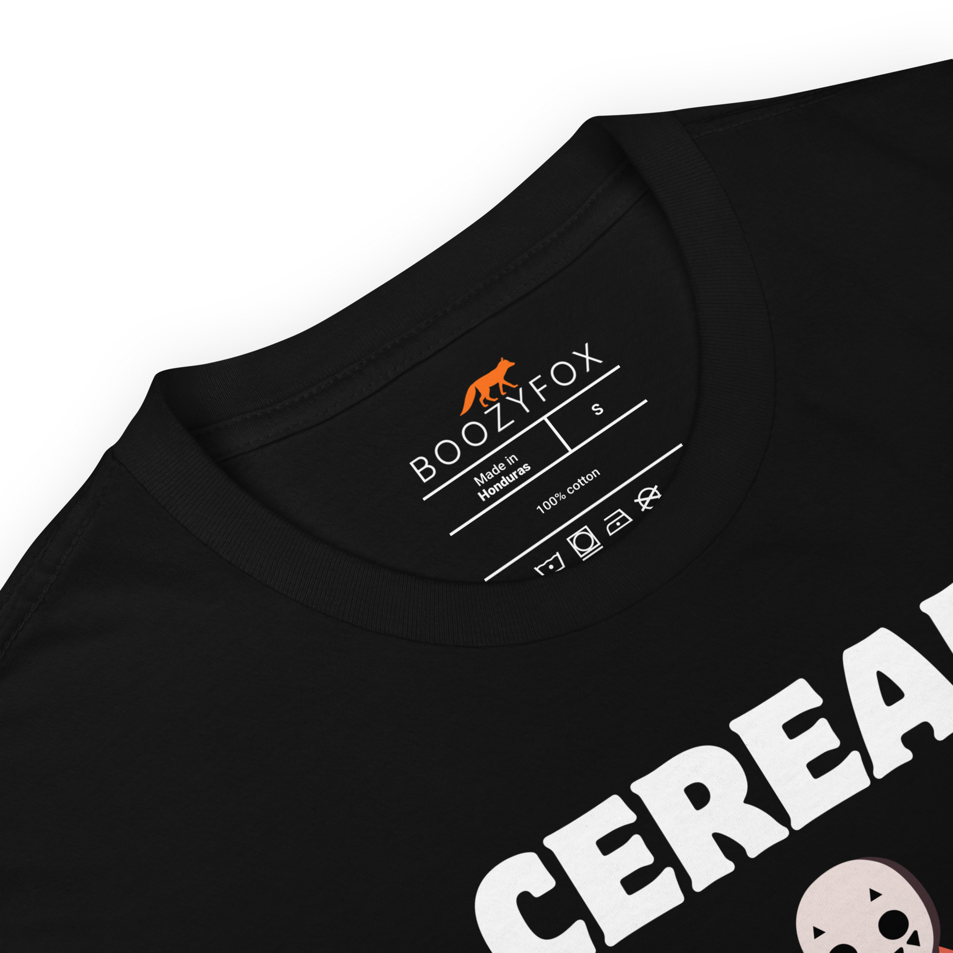 Product details of a Black Cereal Killer T-Shirt featuring a Cereal Killer graphic on the chest - Funny Graphic T-Shirts - Boozy Fox
