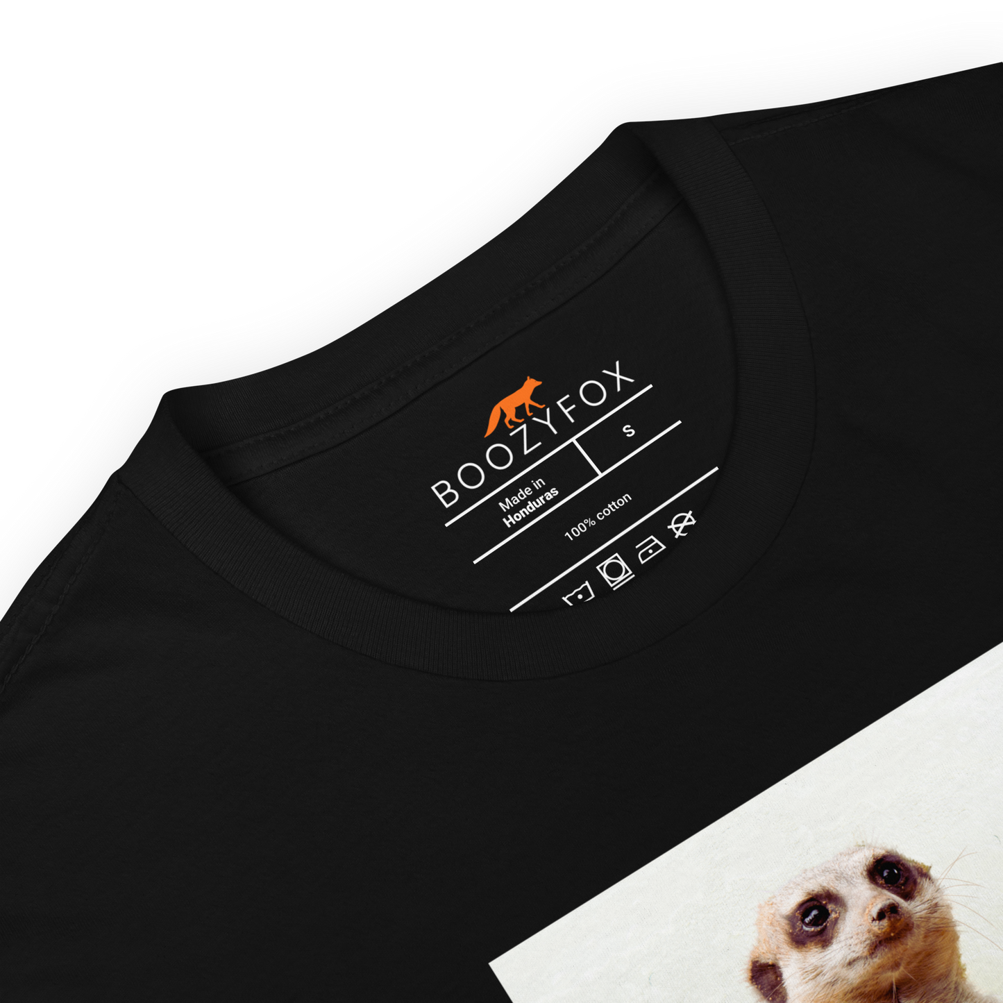 Product details of a Funny Meerkat graphic t-shirt in black by Boozy Fox