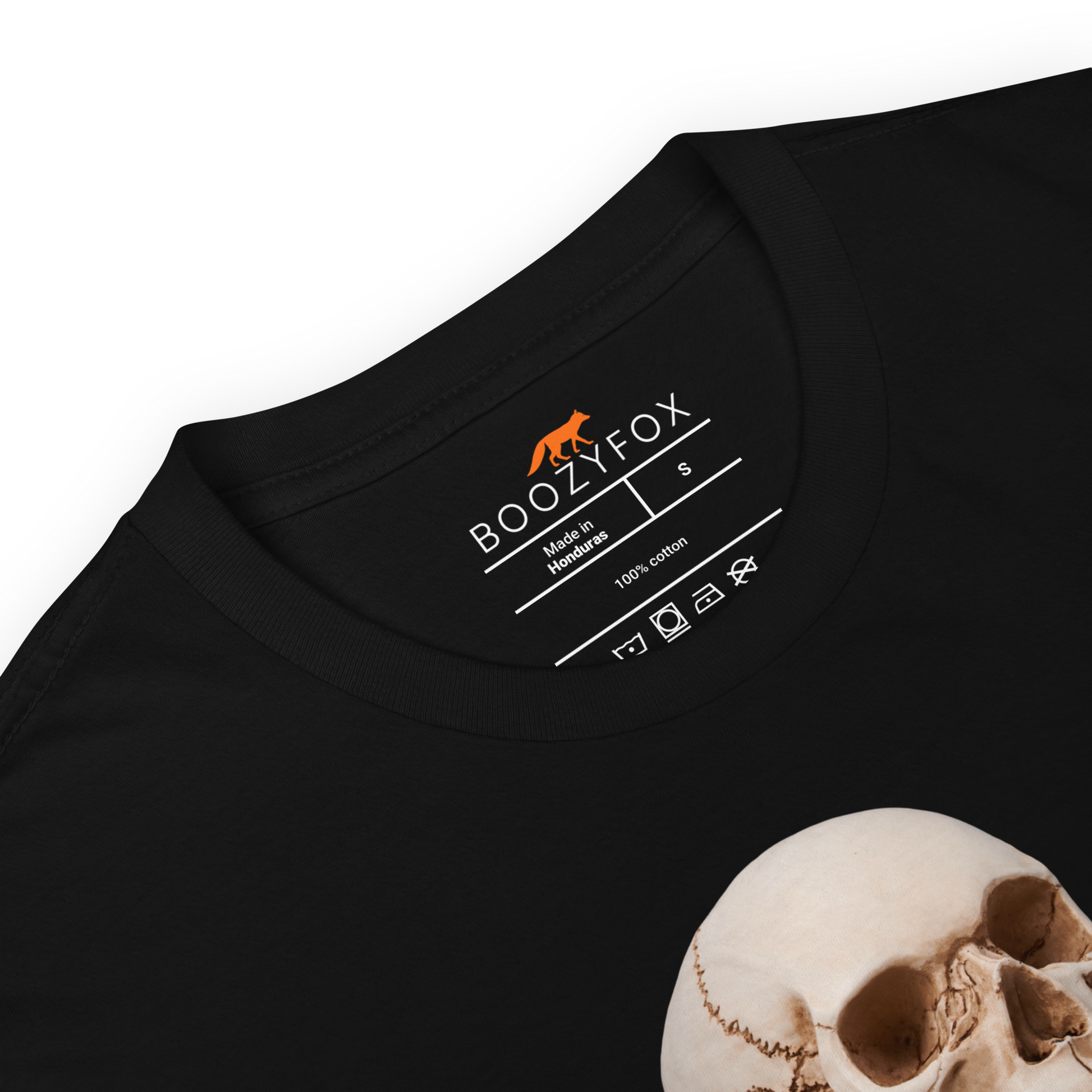 Product details of a Funny Unpaid Intern Skull graphic t-shirt in black by Boozy Fox