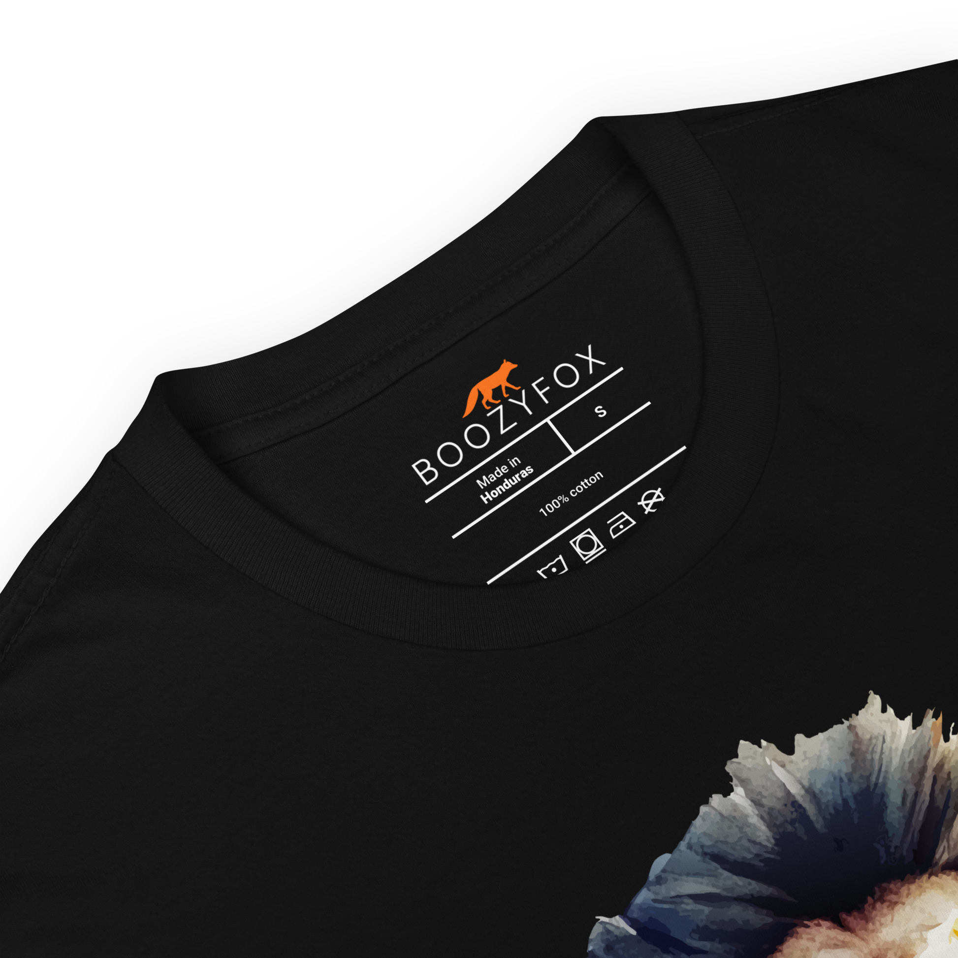 Product details of a Funny Born to Roar Lion graphic t-shirt in black by Boozy 