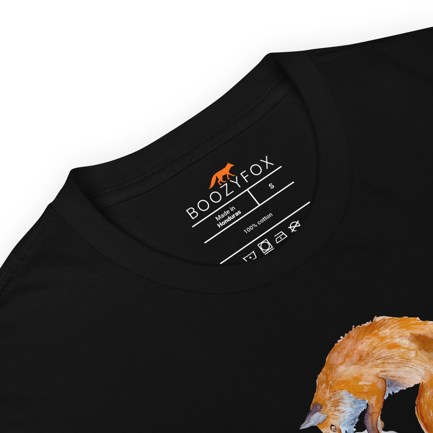 Product details of a Funny Sip Happens Fox beer graphic t-shirt in black by Boozy Fox