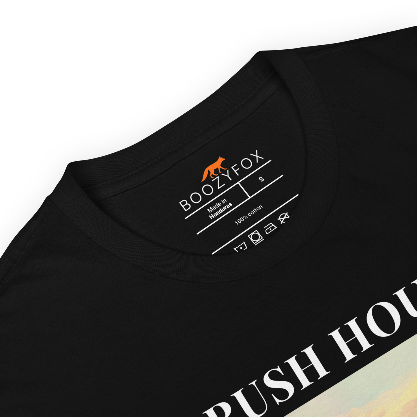 Product details of a Funny Highland Cow Rush Hour in Scotland graphic t-shirt in black by Boozy Fox