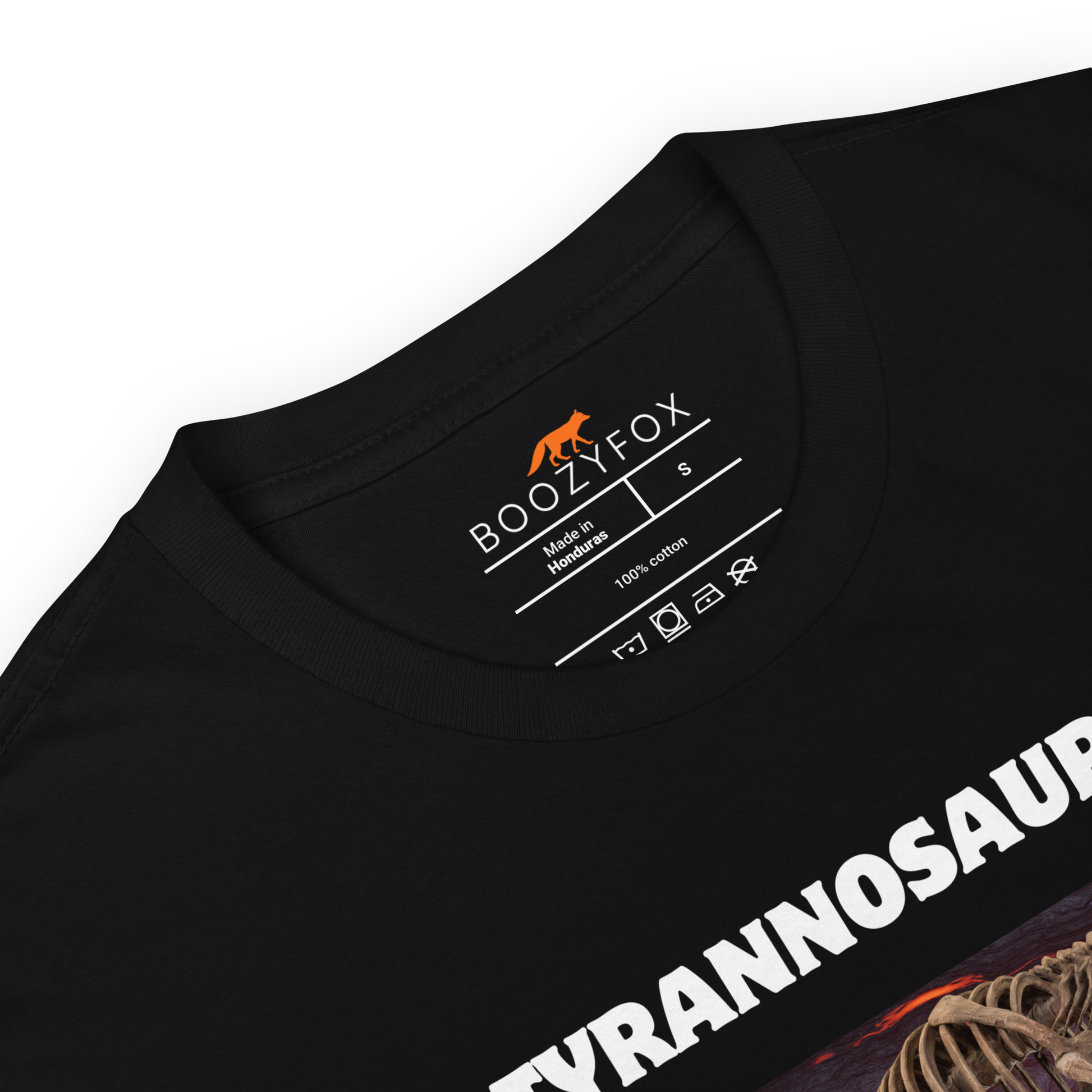 Product details of a Funny Tyrannosaurus Wreck T-Rex Dinosaur graphic t-shirt in black by Boozy Fox