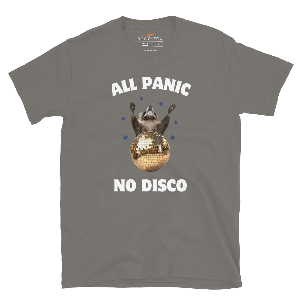 Funny All Panic No Disco Raccoon graphic t-shirt in charcoal by Boozy Fox